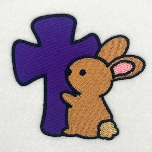 bunny holding cross applique embroidery design