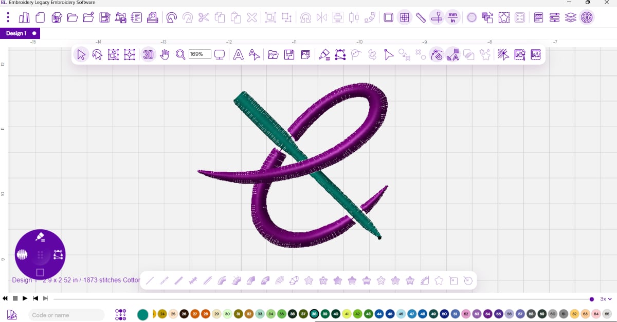 Digitizing the main logo shapes using satin stitches in Embroidery Legacy software