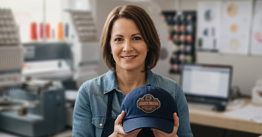 Embroidered company logo stitched on a navy hat, showing a finished logo embroidery result
