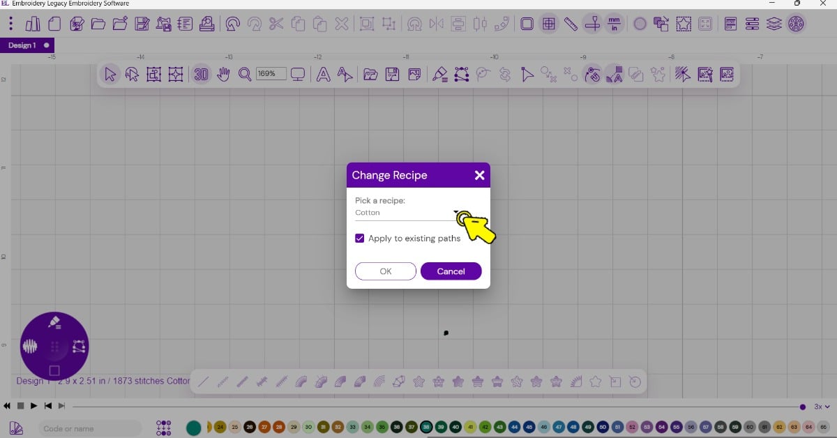 Changing the fabric recipe settings in Embroidery Legacy digitizing software