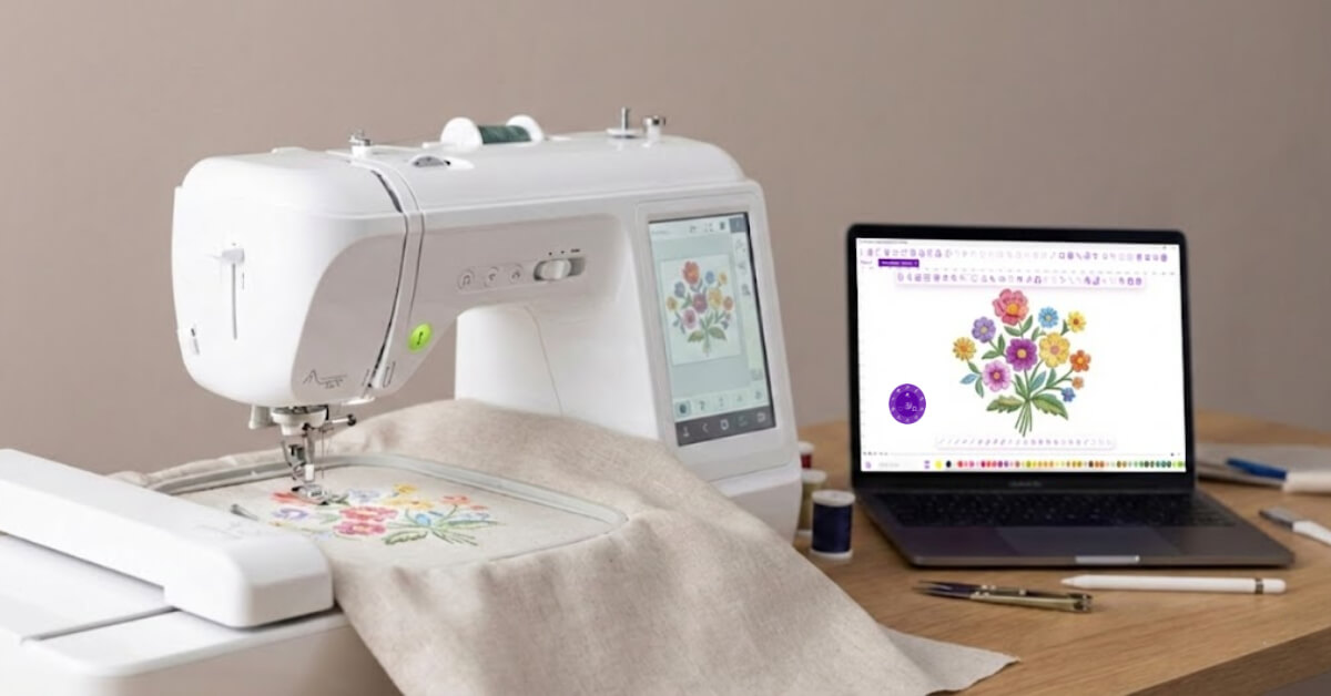 Embroidery-machine-lap-top-embroidery-software | Embroidery Legacy Embroidery machine stitching a design next to a laptop showing embroidery digitizing software