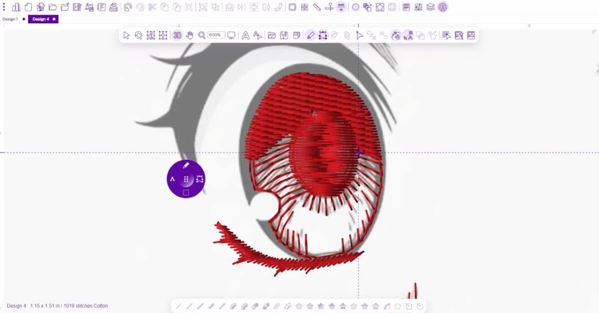 Fill stitches used to build the eye base in anime embroidery digitizing