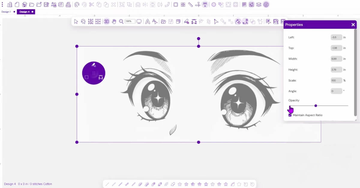 Importing and sizing anime artwork for embroidery digitizing with adjusted opacity