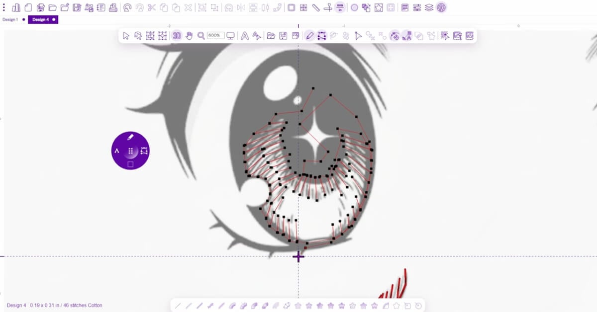 Run stitch foundations used to connect and support details in anime embroidery digitizing