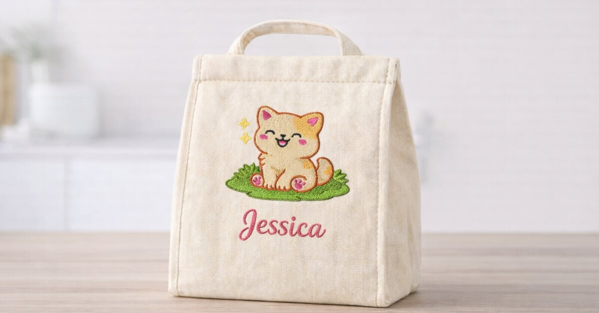 Chibi anime embroidery design of a smiling cartoon dog stitched on a personalized fabric lunch bag