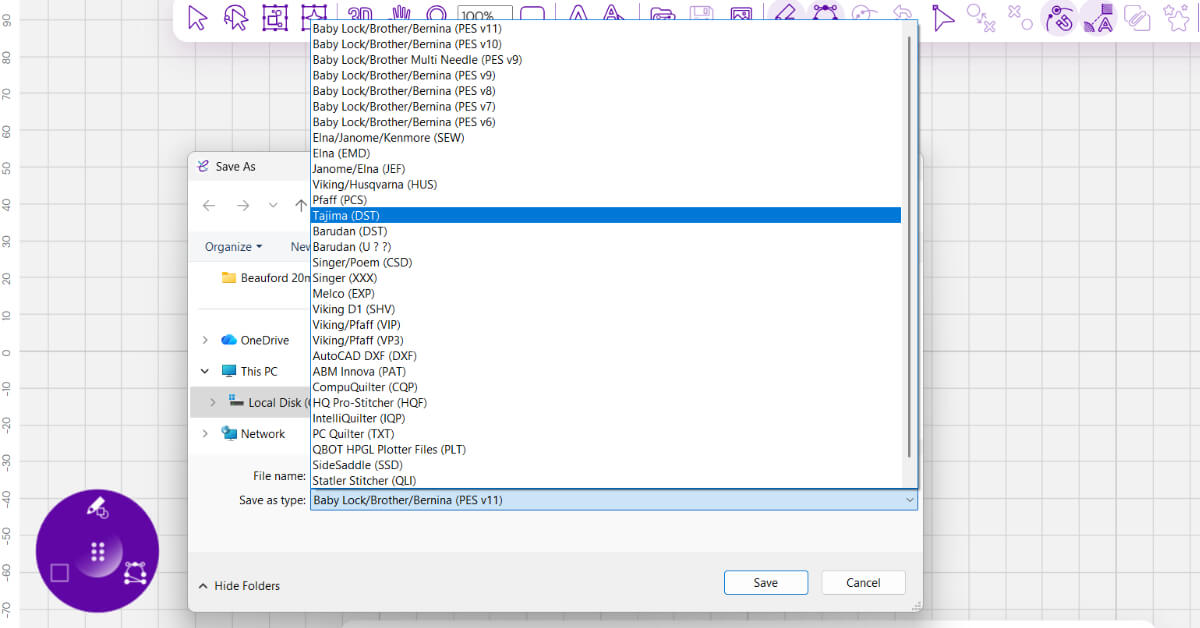 embroider-digitizing-file-format-overview | Embroidery Legacy Screenshot of embroidery digitizing software showing machine file format options such as PES and DST