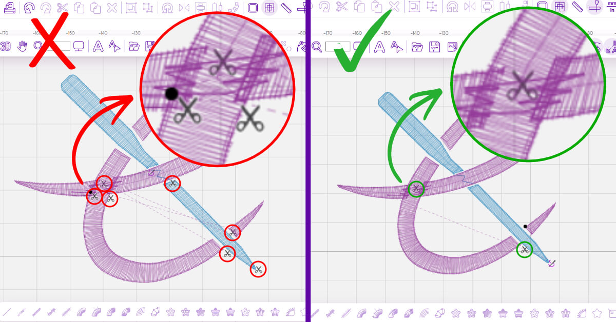 embroidery-digitizing-innecessary-trims-comparison | Embroidery Legacy Comparison showing excessive trims versus efficient trimming in embroidery digitizing