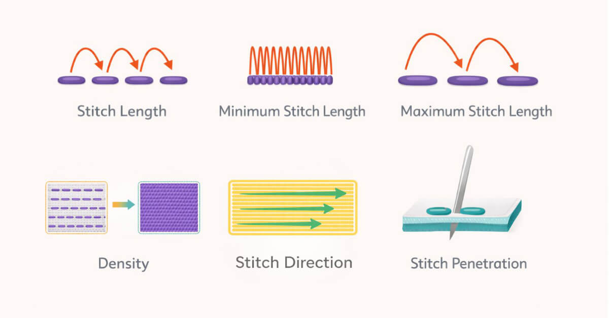 embroidery-digitizing-stitch-properties-overview | Embroidery Legacy Diagram showing stitch length, minimum and maximum stitch length, density, stitch direction, and stitch penetration in embroidery digitizing