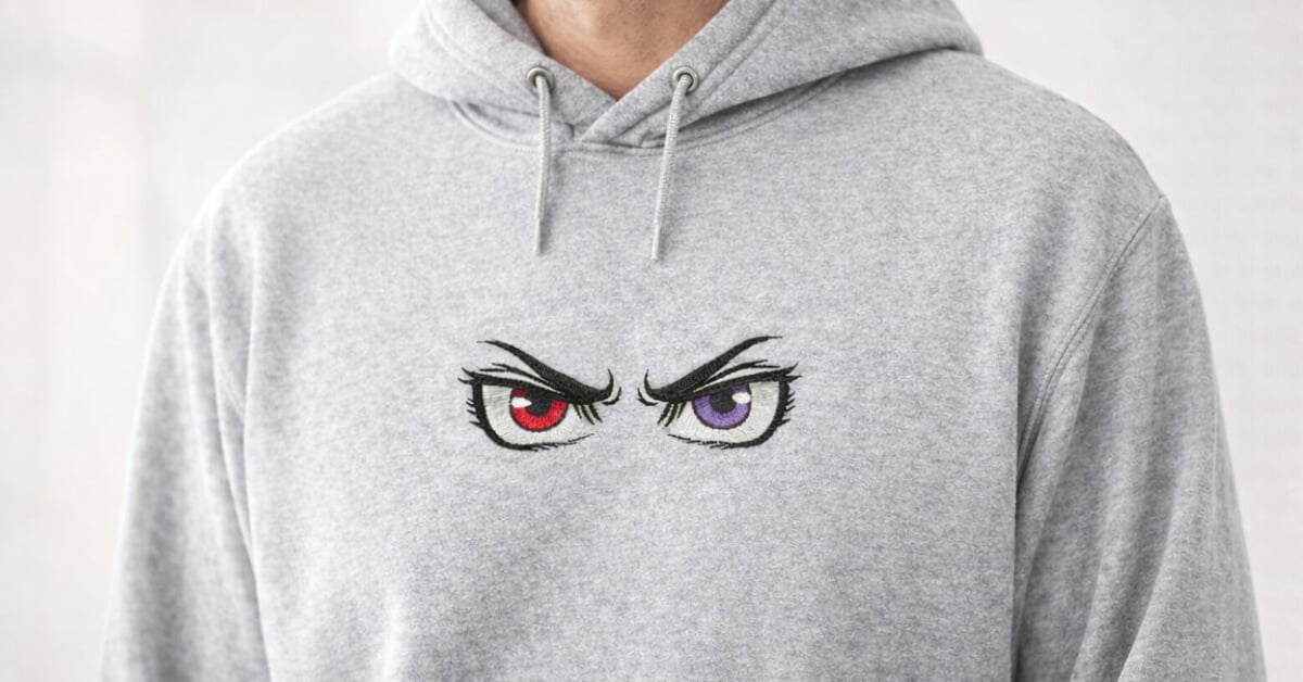 Shonen-style anime embroidery design featuring intense eyes stitched on a gray hoodie