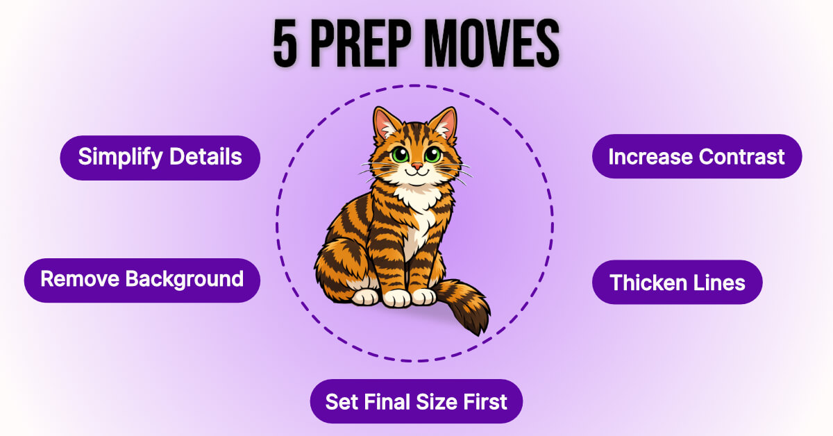 5-prep-moves-embroidery-artwork | Embroidery Legacy Infographic listing five ways to prep art for digitizing: simplify, contrast, remove background, thicken lines, and set final size.
