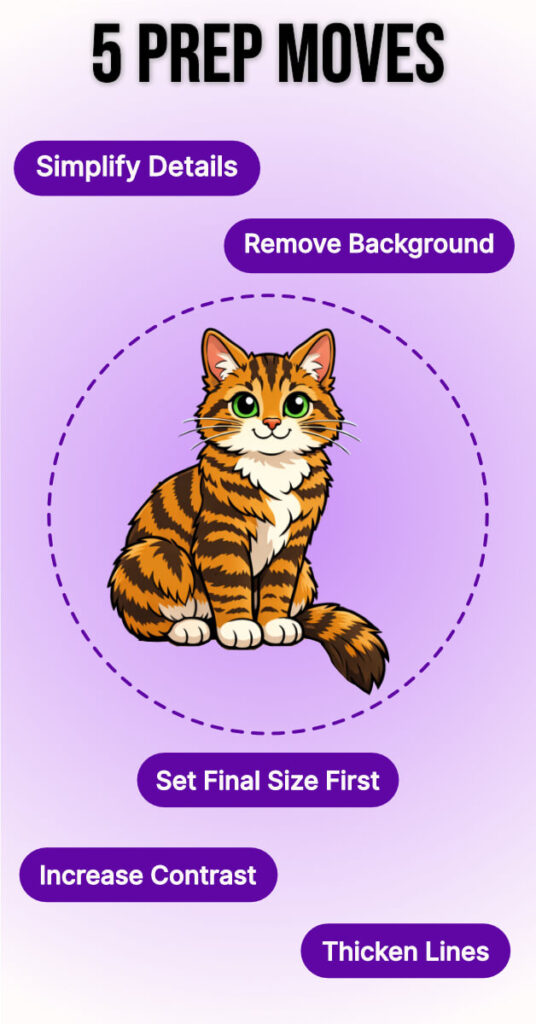 5-prep-moves-embroidery-artwork-mobile | Embroidery Legacy Infographic listing five ways to prep art for digitizing: simplify, contrast, remove background, thicken lines, and set final size.