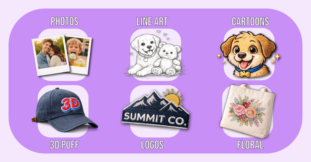 choose-embroidery-artwork-style-grid | Embroidery Legacy Grid of embroidery artwork styles labeled photos, line art, cartoons, 3D puff, logos, and floral.