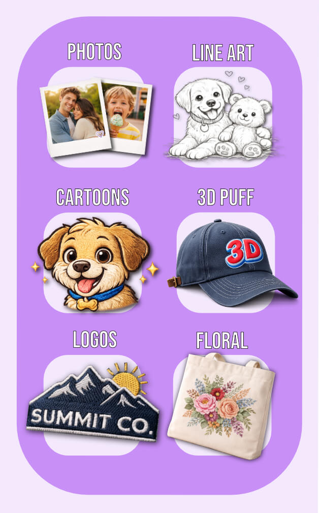 choose-embroidery-artwork-style-grid-mobile | Embroidery Legacy Grid of embroidery artwork styles labeled photos, line art, cartoons, 3D puff, logos, and floral.