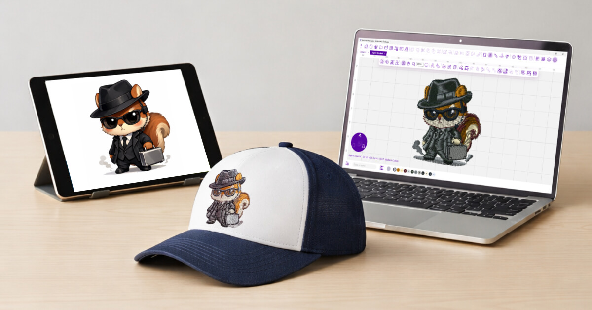 embroidery-artwork-to-digitizing-workflow-cover | Embroidery Legacy Tablet artwork and digitizing screen beside a baseball cap showing the same embroidered design.
