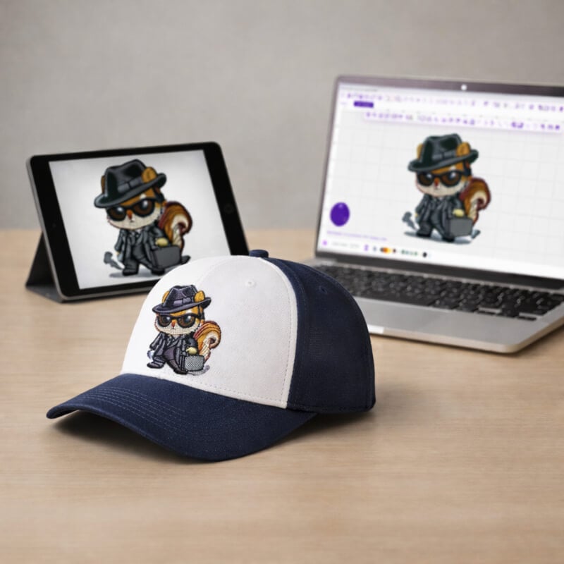 embroidery-artwork-to-digitizing-workflow-cover2 1 | Embroidery Legacy Baseball cap with embroidered design on a desk, with the artwork on a tablet and the digitized version shown on a laptop.