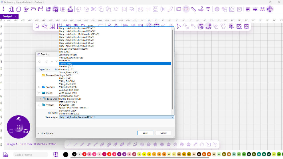 embroidery-digitizing-file-format-overview-mobile | Embroidery Legacy Screenshot of embroidery digitizing software showing machine file format options such as PES and DST