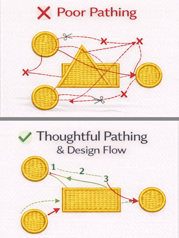 embroidery-digitizing-pathing-overview-mobile | Embroidery Legacy Comparison diagram showing poor embroidery pathing versus thoughtful pathing and design flow