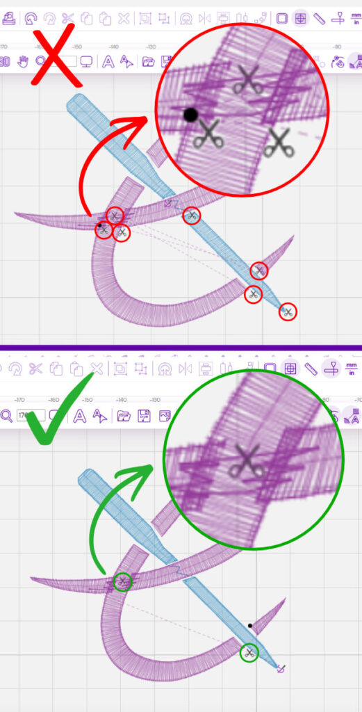 embroidery-digitizing-trims-overview-mobile | Embroidery Legacy Comparison showing excessive trims versus efficient trimming in embroidery digitizing