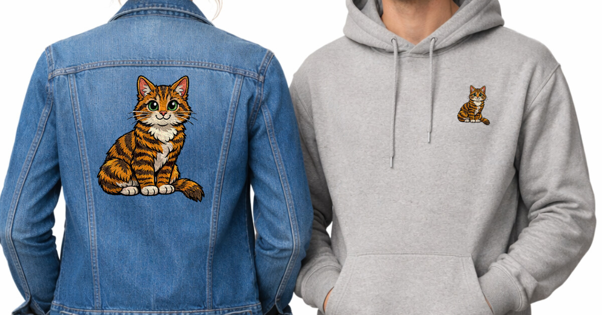 set-final-size-first-jacket-back-vs-left-chest | Embroidery Legacy Embroidery design shown large on a jacket back and small on a hoodie left chest to illustrate setting the final size before digitizing.