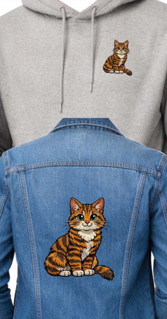 set-final-size-first-jacket-back-vs-left-chest-mobile | Embroidery Legacy Embroidery design shown large on a jacket back and small on a hoodie left chest to illustrate setting the final size before digitizing.