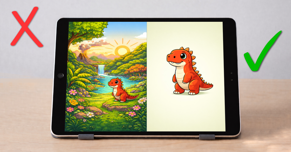 stitch-friendly-artwork-vs-detailed-artwork | Embroidery Legacy Tablet screen showing a detailed prehistory scene vs a simplified dinosaur design, highlighting stitch-ready artwork for digitizing.