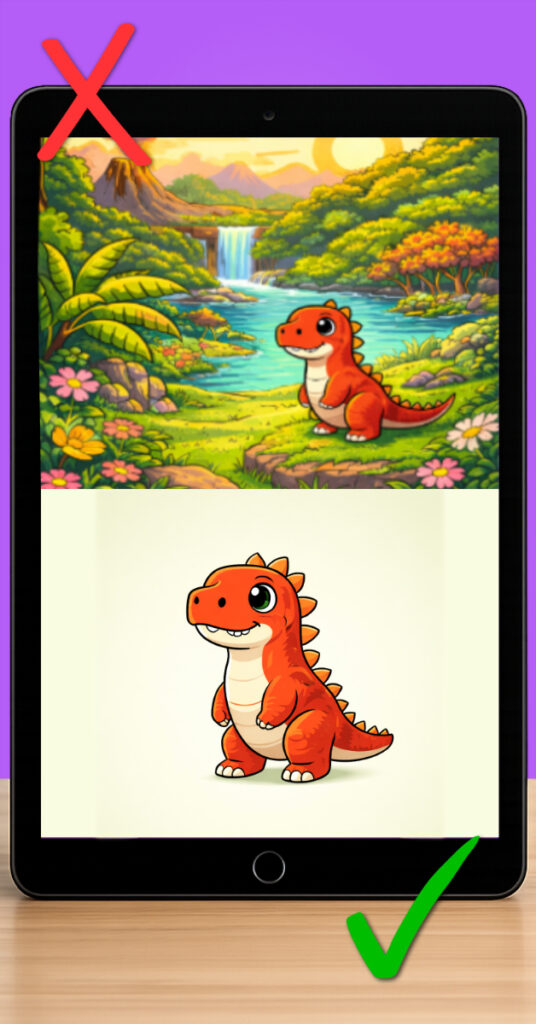 stitch-friendly-artwork-vs-detailed-cartoon-mobile | Embroidery Legacy Tablet screen showing a detailed prehistory scene vs a simplified dinosaur design, highlighting stitch-ready artwork for digitizing.