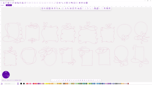 Screen capture of embroidery software showing a row of pink, ornate decorative frames/letters arranged horizontally on a light background, with toolbars and color palette visible above and below the design area.