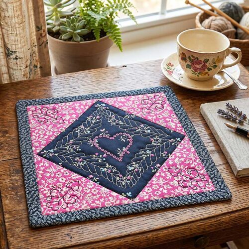 Quilted square placemat on a wooden table with pink floral border, a navy center with a heart wreath, and a dark braided edge, beside a floral teacup and plant.