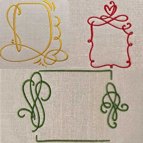 CB_VintageFrames2 | Embroidery Legacy Decorative embroidery on light fabric showing four ornate monogram frames: a yellow looping letter top-left, a red heart-accented square frame top-right, and two green ornate initials bottom-left and bottom-right connected by a green rectangle.