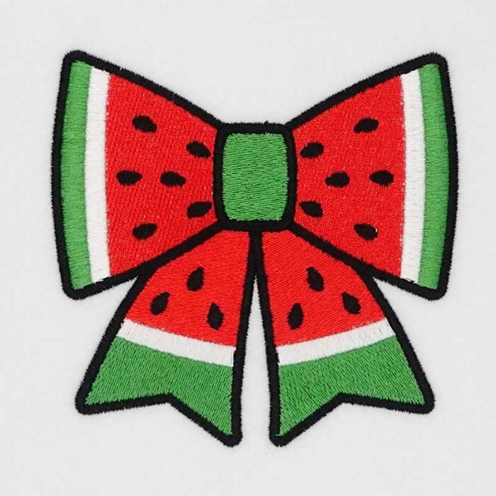 SD_SF_12 | Embroidery Legacy Embroidered bow patch designed like a watermelon, red center with black seeds and green rind edges on a white background