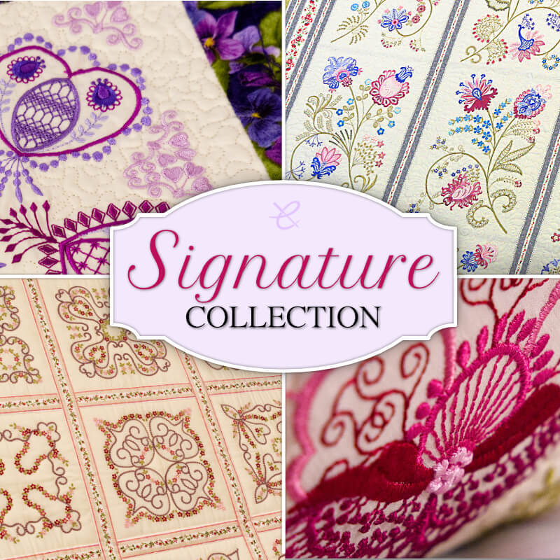Signature Collection-Square | Embroidery Legacy Collage of four fabric patterns surrounding a central lavender 'Signature Collection' badge.