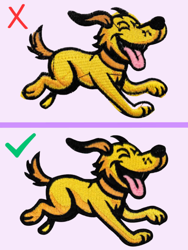 embroidery-digitizing-misalighn-shifting-mobile | Embroidery Legacy Split graphic comparing embroidery stitch results: left side shows a running dog patch with an X and labels ‘Gaps, Jumps, Misalignment,’ while the right side shows a cleaner version with a checkmark and labels ‘Clean, Connected, Aligned.