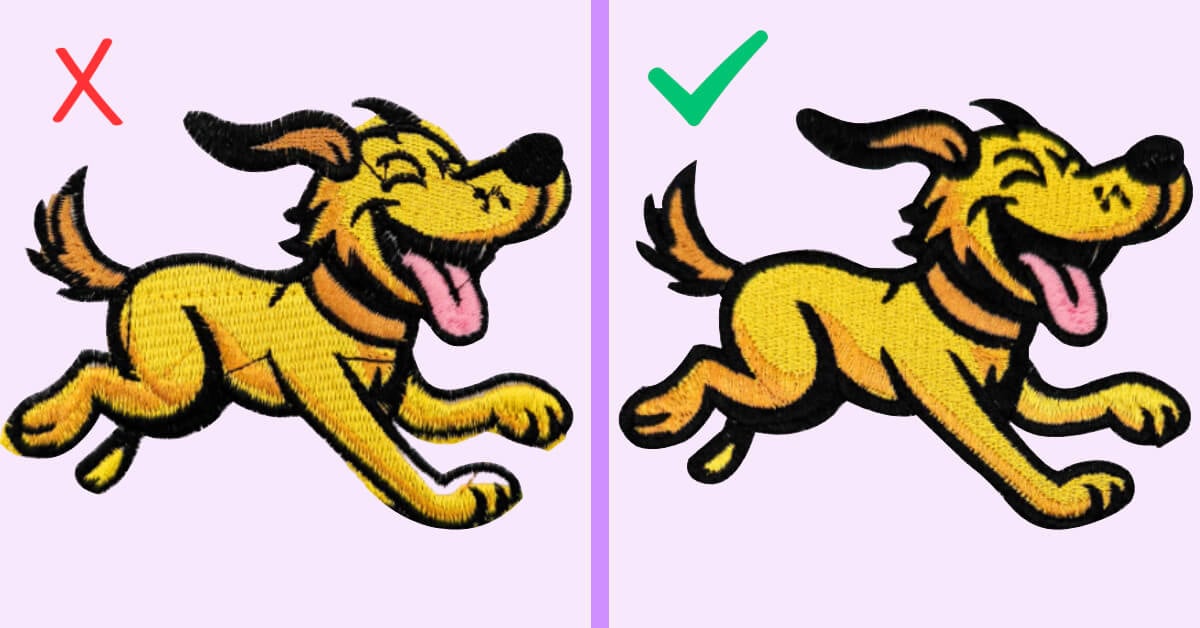 embroidery-digitizing-misalignment-shifting | Embroidery Legacy Split graphic comparing embroidery stitch results: left side shows a running dog patch with an X and labels ‘Gaps, Jumps, Misalignment,’ while the right side shows a cleaner version with a checkmark and labels ‘Clean, Connected, Aligned.