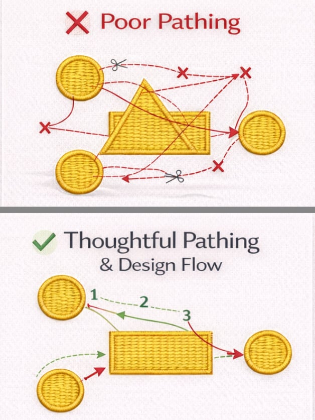 embroidery-digitizing-pathing-overview-mobile | Embroidery Legacy Split example comparing embroidery digitizing pathing: left side labeled ‘Poor Pathing’ with red jump lines, trims, and scattered stitch order, and right side labeled ‘Thoughtful Pathing & Design Flow’ showing a numbered stitch sequence with fewer jumps and cleaner connections.