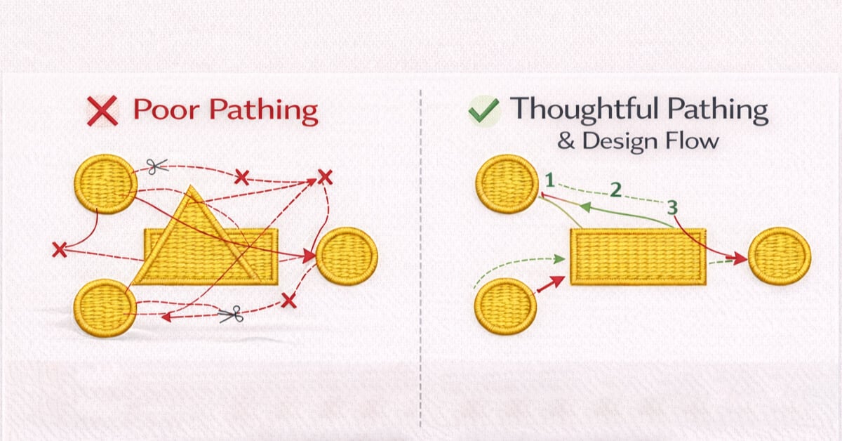 embroidery-digitizing-pathing-overview | Embroidery Legacy Split example comparing embroidery digitizing pathing: left side labeled ‘Poor Pathing’ with red jump lines, trims, and scattered stitch order, and right side labeled ‘Thoughtful Pathing & Design Flow’ showing a numbered stitch sequence with fewer jumps and cleaner connections.