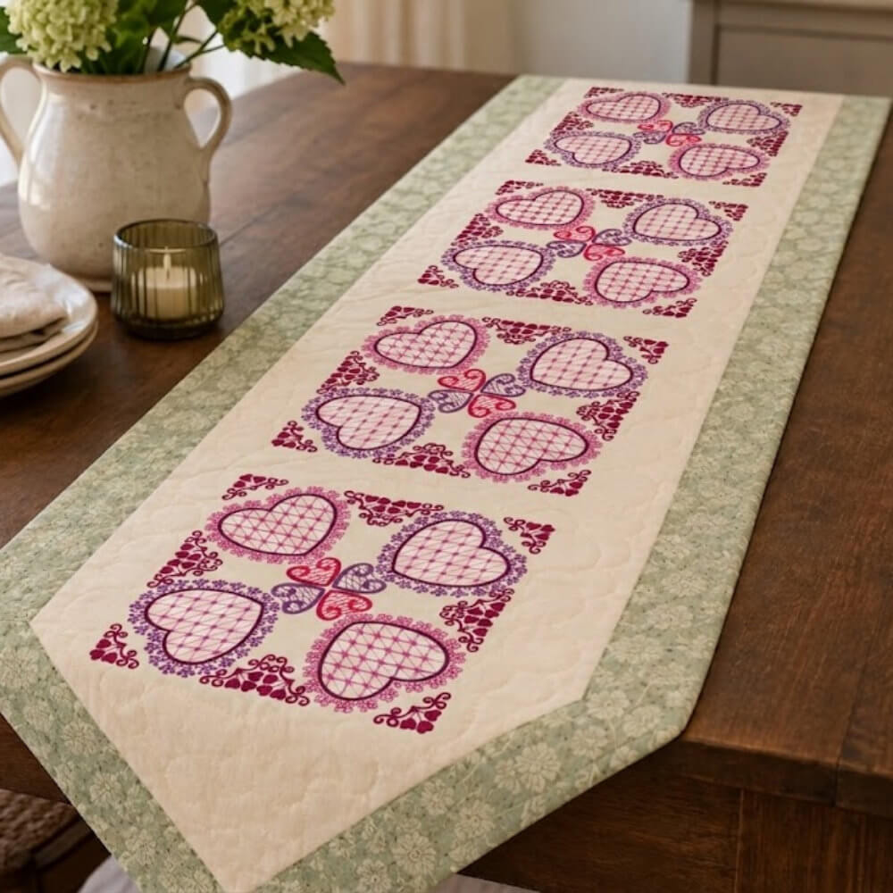Artboard27 Decorative table runner with pink and purple heart motifs laid along a wooden table, near a vase and candle holder.