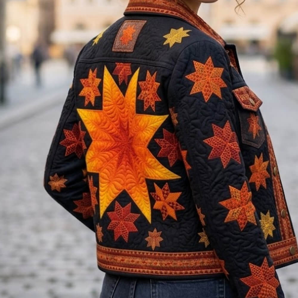 Artboard46_2 Back view of a quilted black jacket covered in orange and yellow starburst patches on an urban street