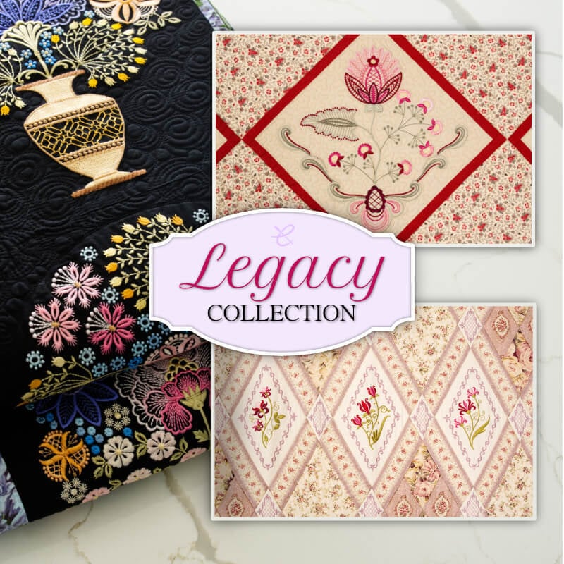 Legacy-Collection-Square | Embroidery Legacy Legacy Collection branding over a collage of floral quilt patterns and embroidered motifs.