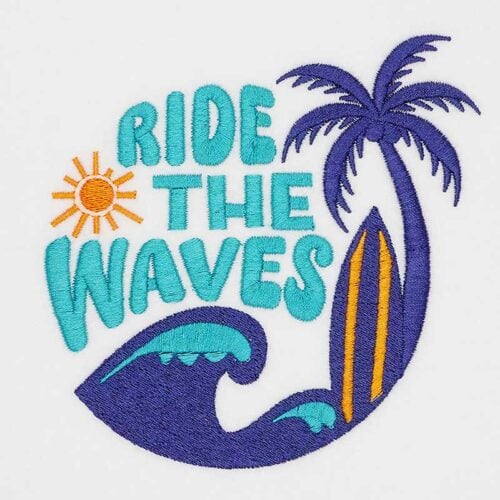 Embroidered beach design reading 'Ride the Waves' with a sun, palm tree, and curling wave with a yellow surfboard