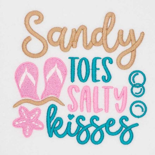Embroidered design reading 'Sunday toes salty kisses' with pink flip-flops and beach icons like shells and rings.