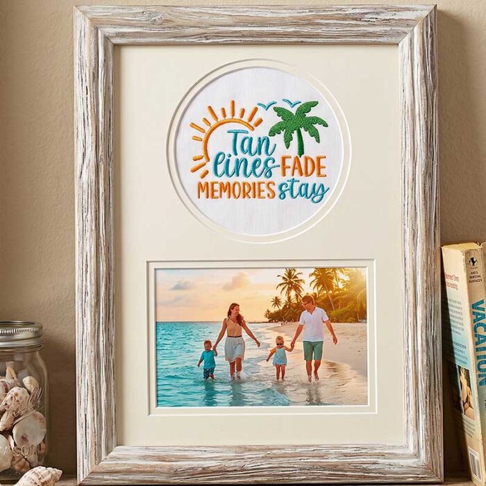 SDSB_TanLines_Frame | Embroidery Legacy Framed wall art with a round tropical print and a beach family photo beneath it on a shelf.
