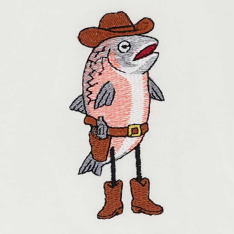 SalmonCowboy | Embroidery Legacy Cartoon fish in cowboy gear: pink body, brown hat, belt with holster, and brown boots, standing upright on white background.