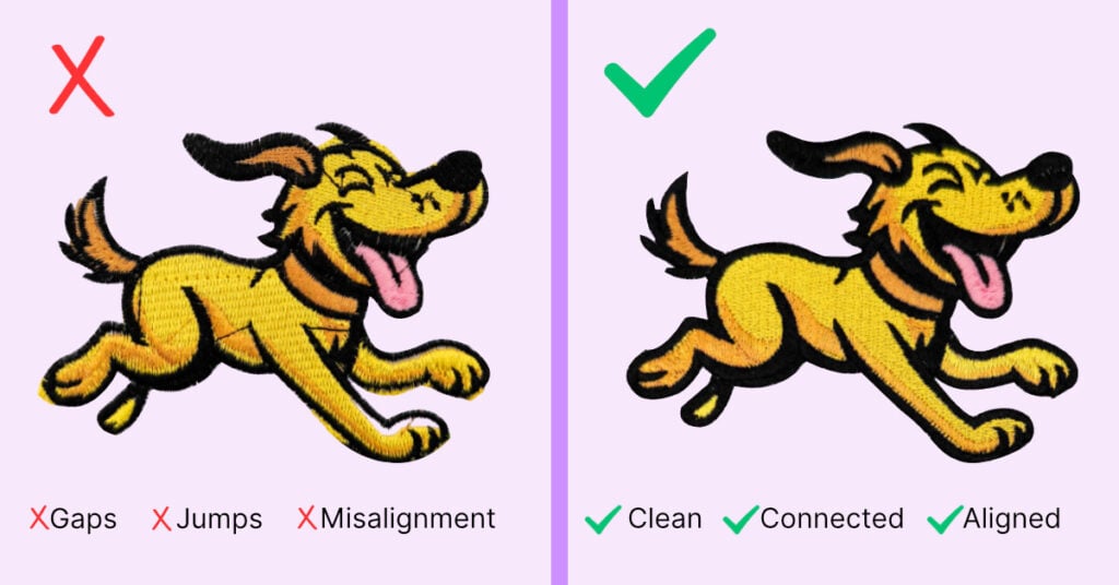 embroidery-digitizing-gaps-jumps-misalignment | Embroidery Legacy Split graphic comparing embroidery stitch results: left side shows a running dog patch with an X and labels ‘Gaps, Jumps, Misalignment,’ while the right side shows a cleaner version with a checkmark and labels ‘Clean, Connected, Aligned.