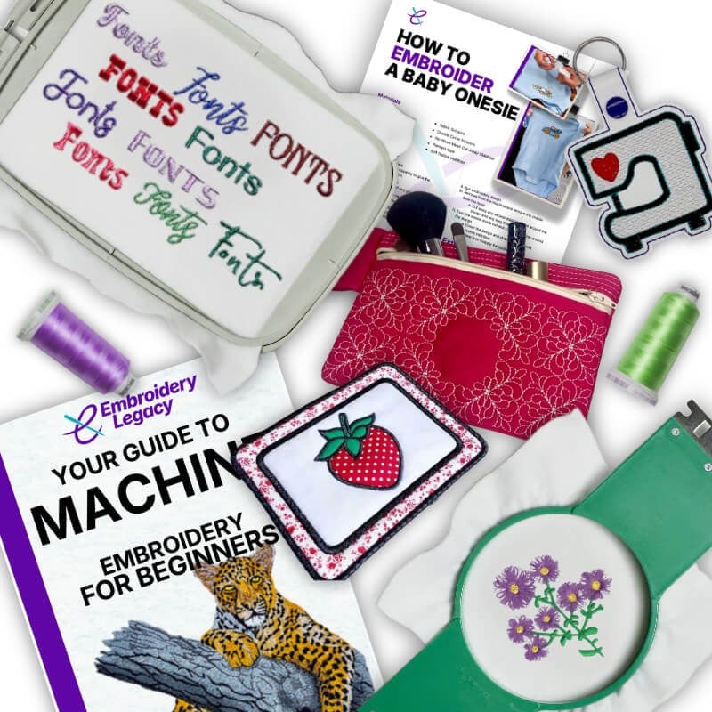 embroidery-legacy-digitizing-software-creativity-booster-collage Collage of embroidery designs and supplies: threads, a pink patterned pouch, an embroidery hoop with flowers, a strawberry applique coaster, and machine embroidery guides for beginners.