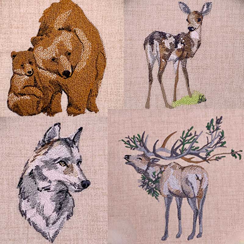 Collage of four wildlife illustrations on fabric: bear with cub, gazelle, wolf head, and a moose with large antlers.