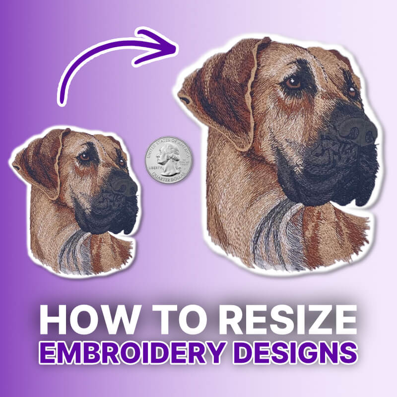 resizing-embroidery-designs-dog | Embroidery Legacy A small embroidered dog portrait enlarged into a larger version with a quarter placed between them to show size comparison.