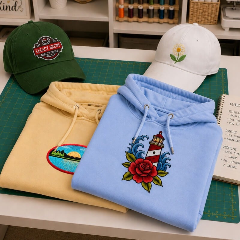 admiring-embroidery-designs-digitized-with-our-software-in-masterclasses Example of designs created with our embroidery digitizing software: Beige hoodie with island sunset embroidery and a light blue hoodie featuring a lighthouse and rose on a sewing table with embroidered caps in the background