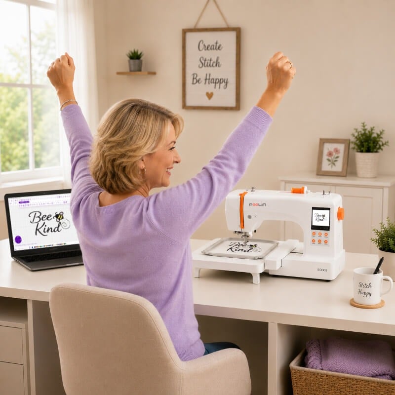 woman-celebrating-in-craftroom-bonus 1 Woman in a lavender sweater raises her arms in celebration at an embroidery machine on a desk, with a laptop running embroidery digitizing software displaying a 'Bee Kind' design nearby.