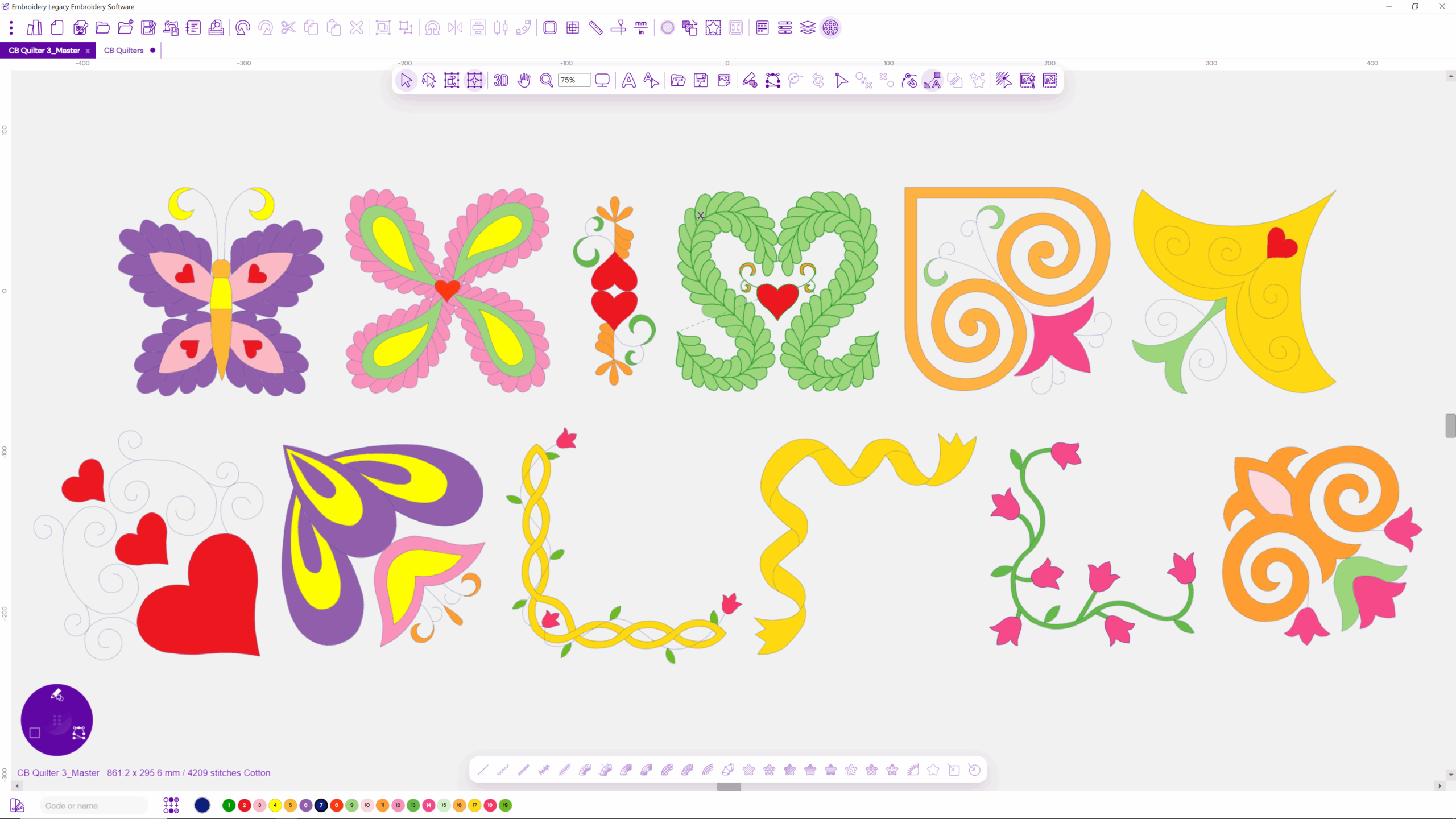 CB Quilter 3 | Embroidery Legacy Assorted ornamental embroidery motifs: a purple butterfly, pink butterfly, heart-and-vine patterns, and curling swirls on a pale background.