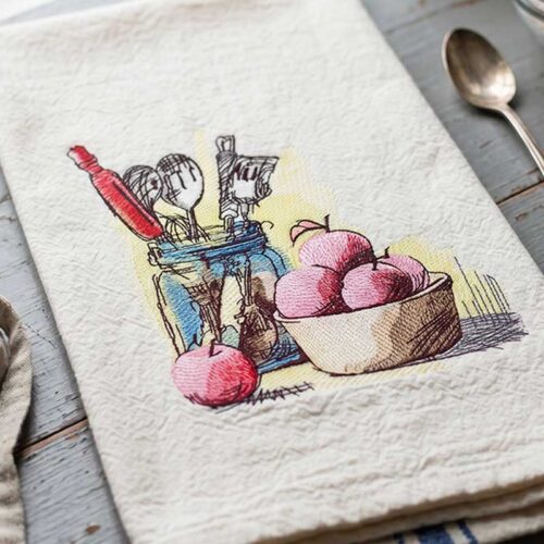Sketch of a blue jar with utensils and a bowl of peaches on a rustic wooden table.